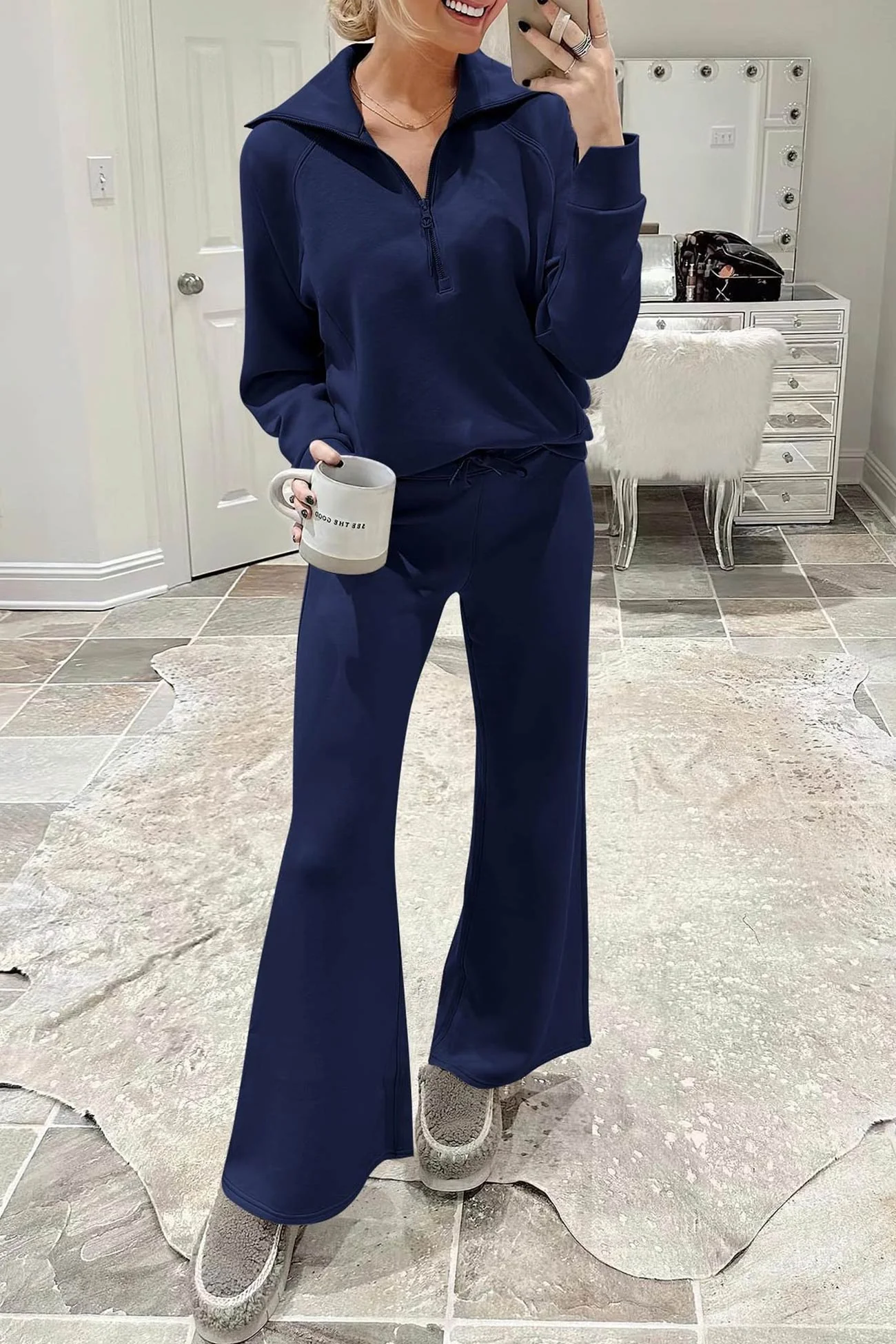Gabriela | Lapel zip wide leg sweatshirt and long pants set - Image 37