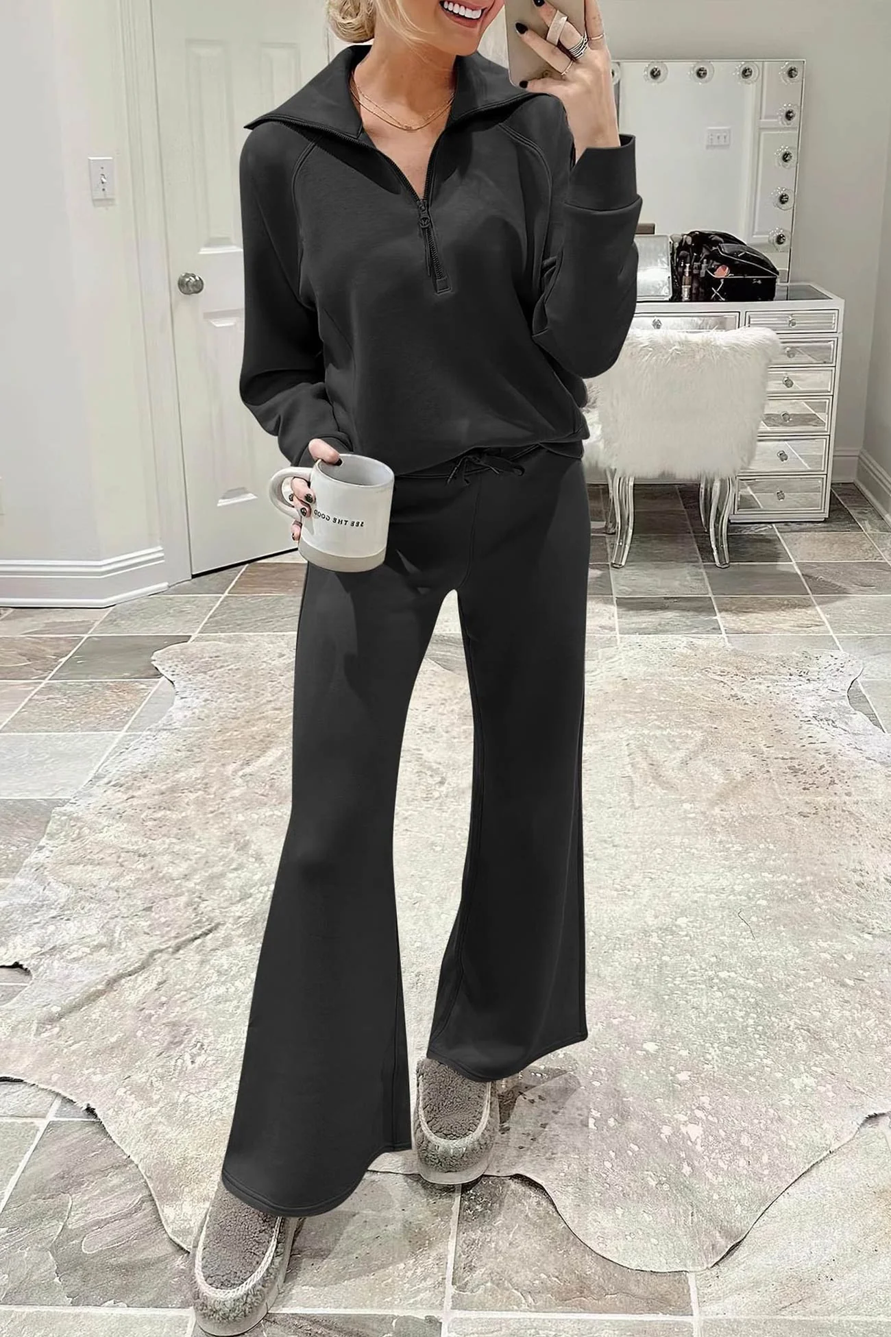 Gabriela | Lapel zip wide leg sweatshirt and long pants set - Image 4