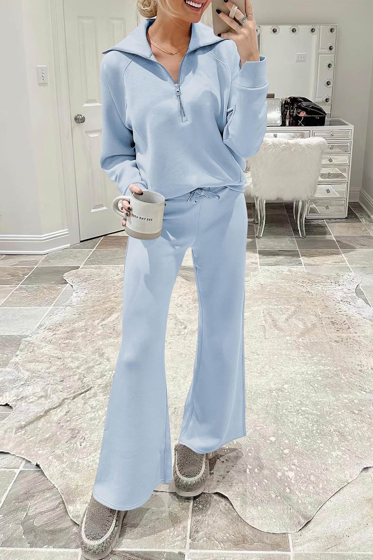 Gabriela | Lapel zip wide leg sweatshirt and long pants set - Image 44
