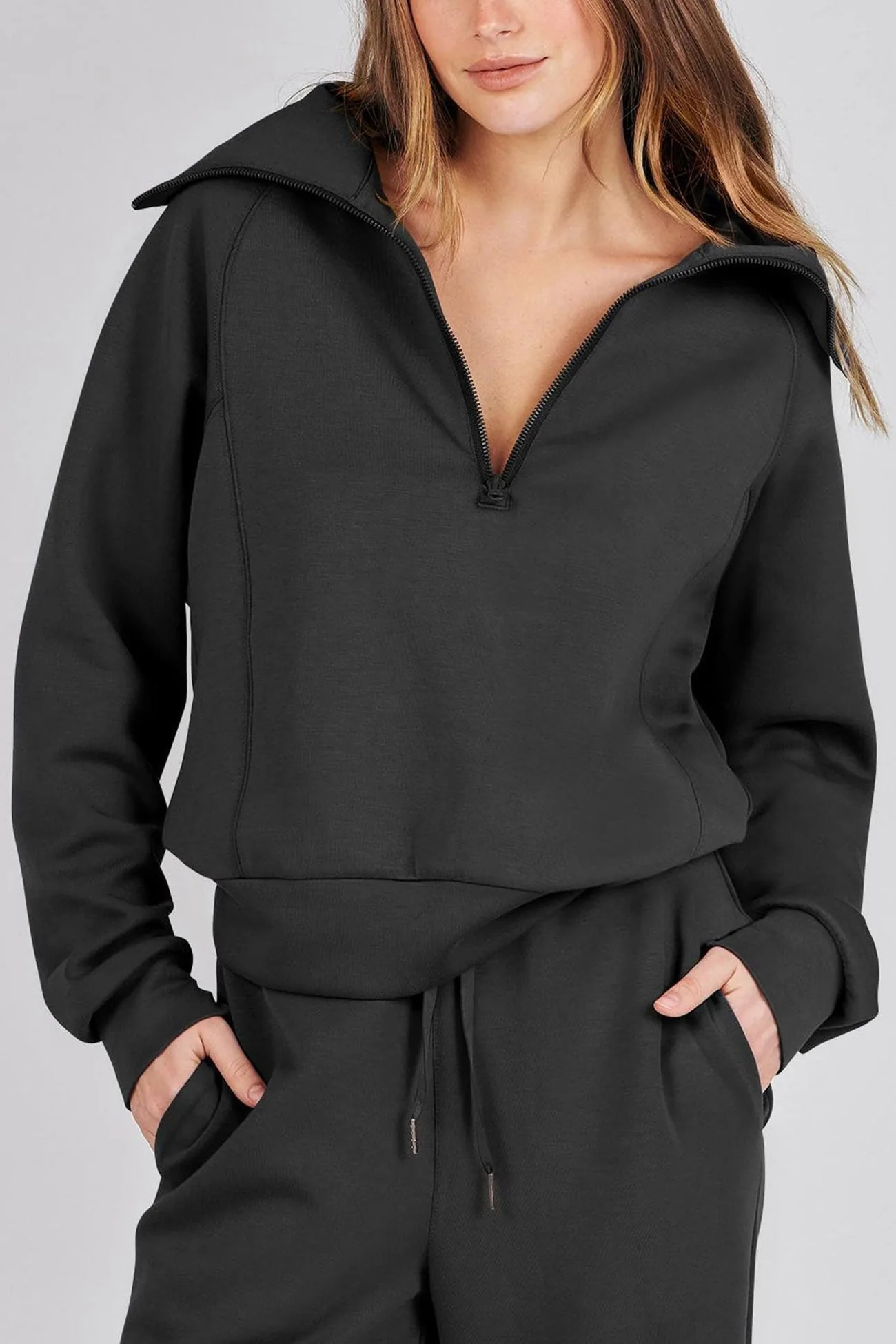 Gabriela | Lapel zip wide leg sweatshirt and long pants set - Image 5