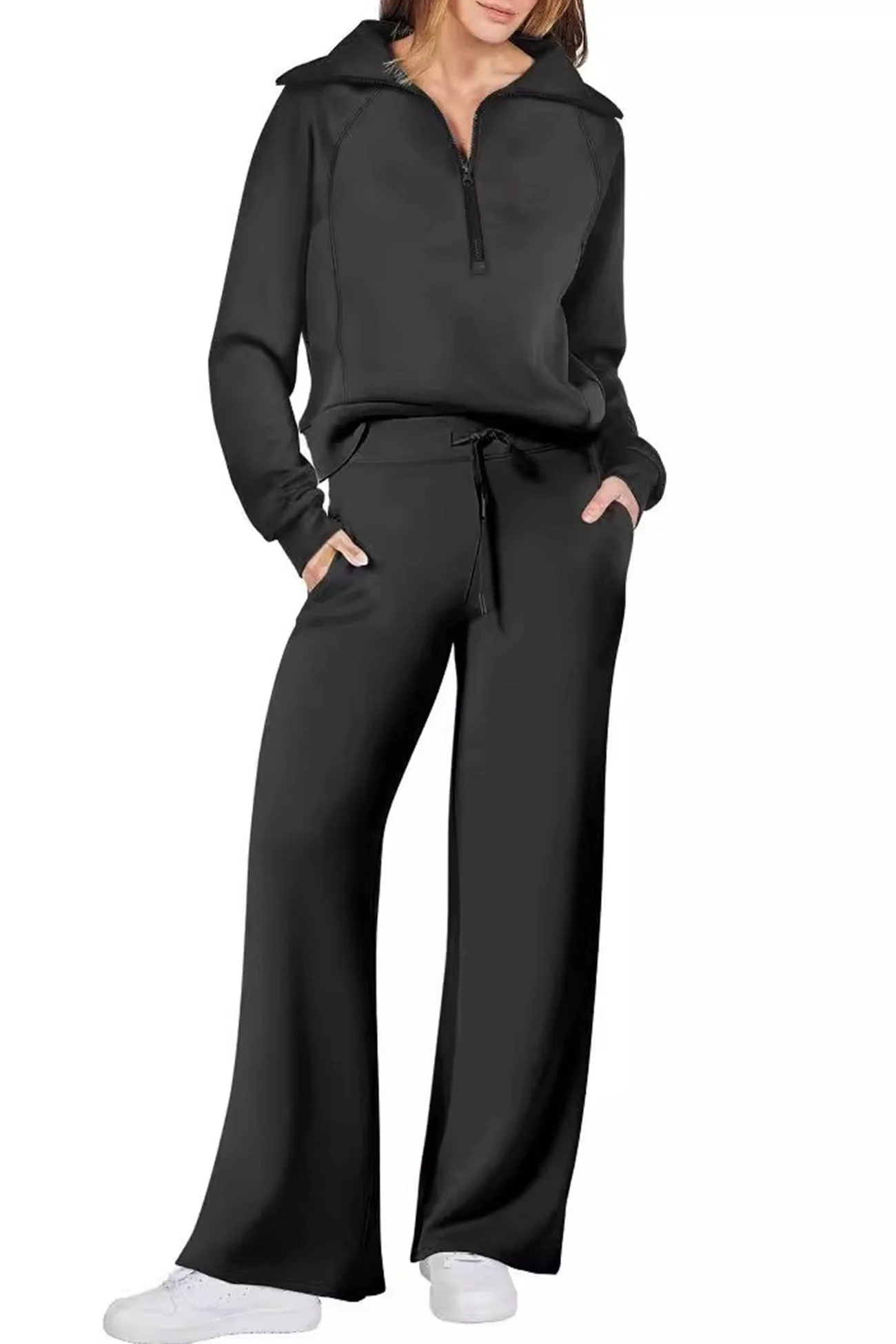 Gabriela | Lapel zip wide leg sweatshirt and long pants set - Image 9