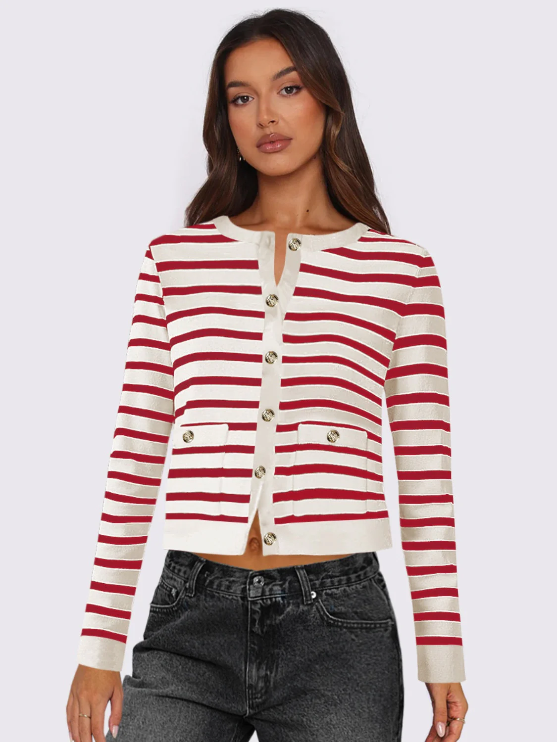 Gabriela | Striped, long-sleeved cardigan with button placket and crew neck - Image 10