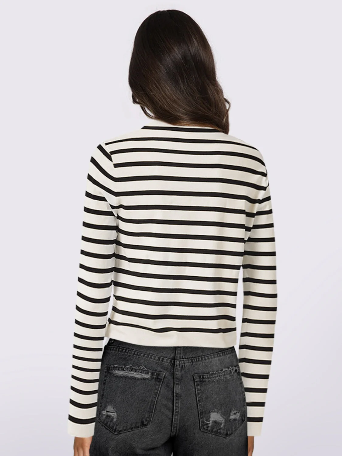 Gabriela | Striped, long-sleeved cardigan with button placket and crew neck - Image 2