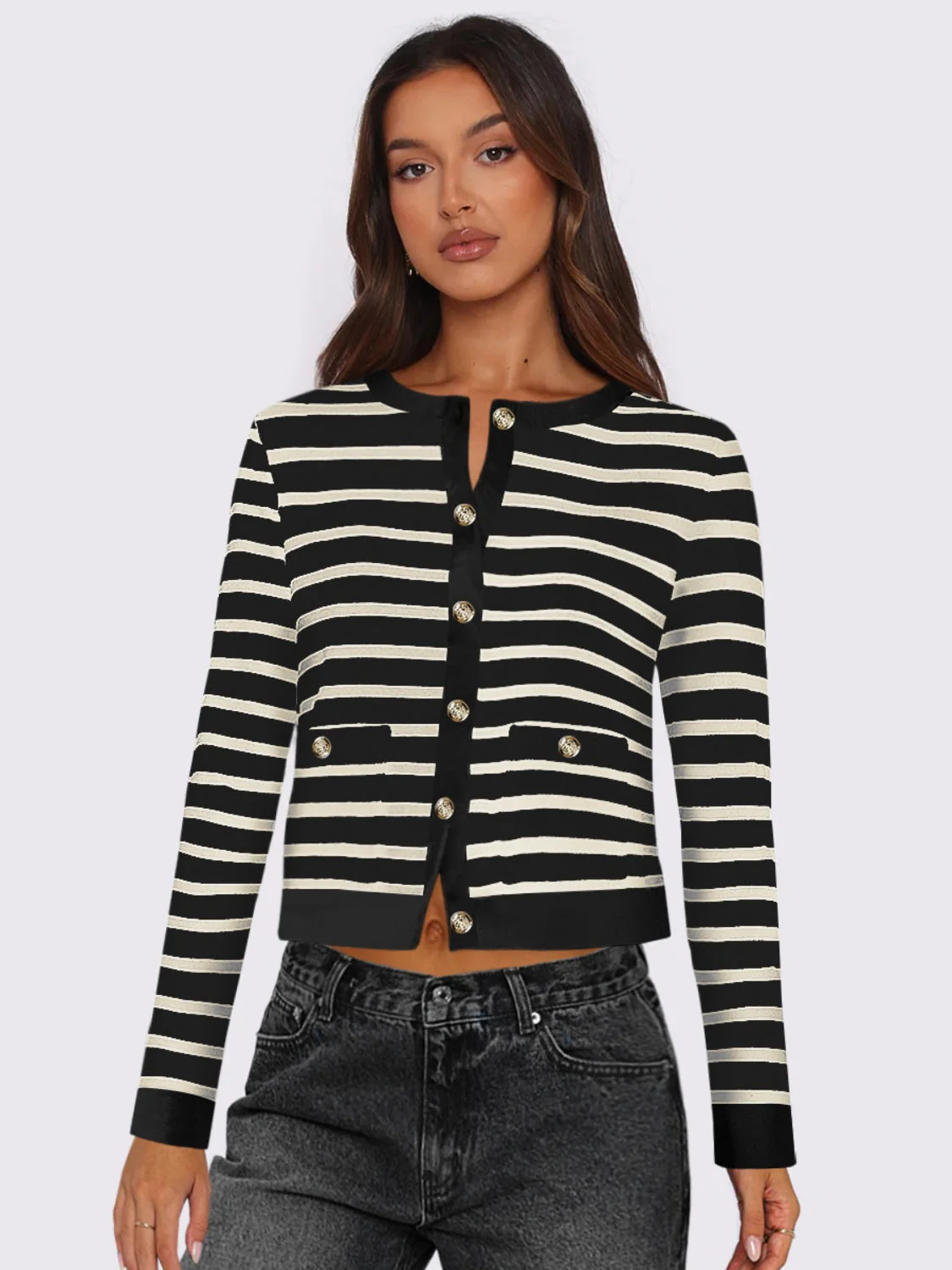 Gabriela | Striped, long-sleeved cardigan with button placket and crew neck - Image 4