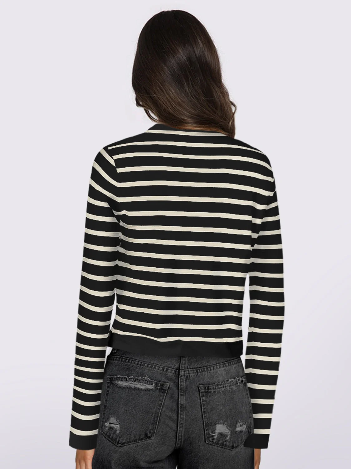 Gabriela | Striped, long-sleeved cardigan with button placket and crew neck - Image 5
