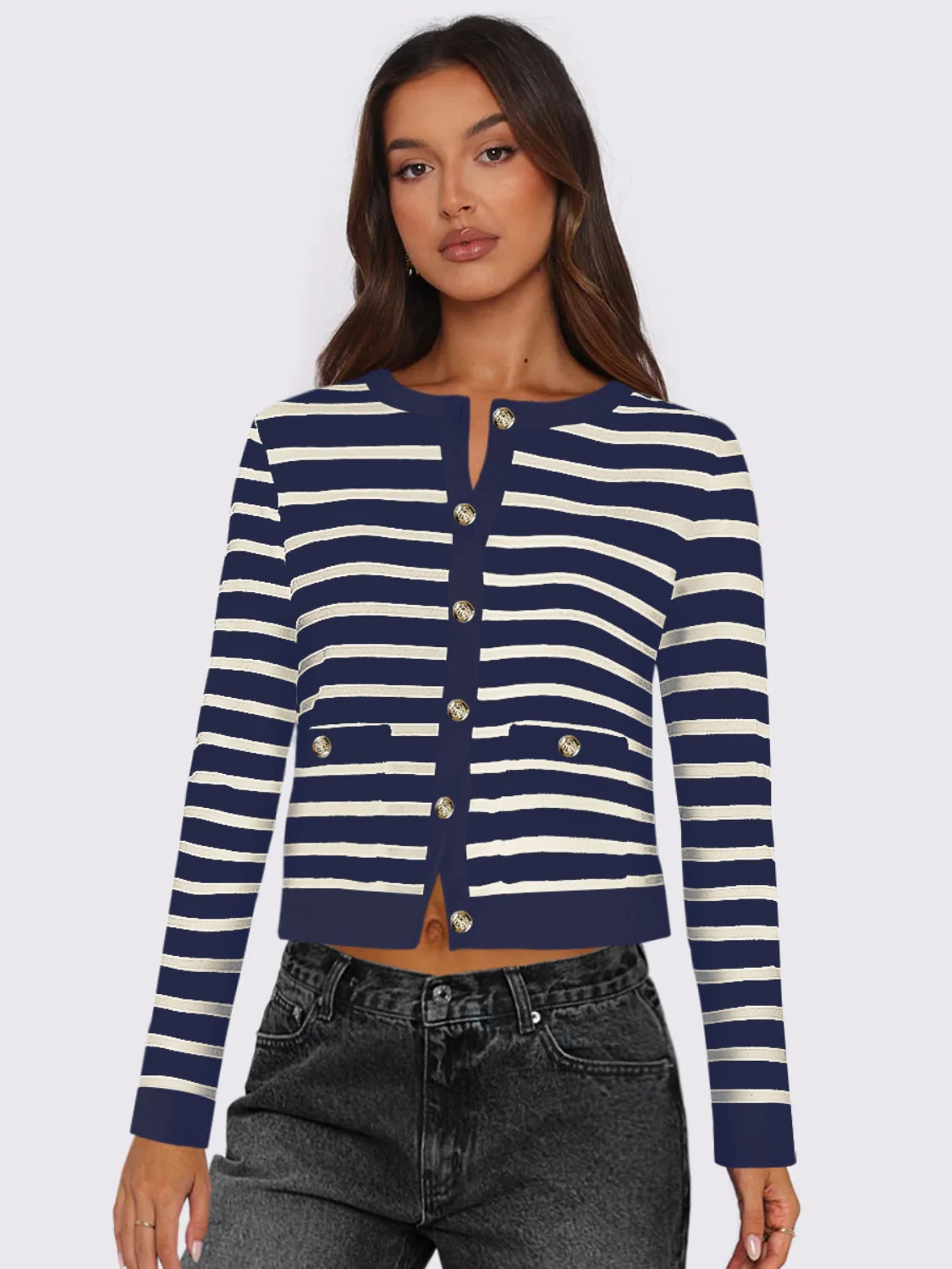 Gabriela | Striped, long-sleeved cardigan with button placket and crew neck - Image 7