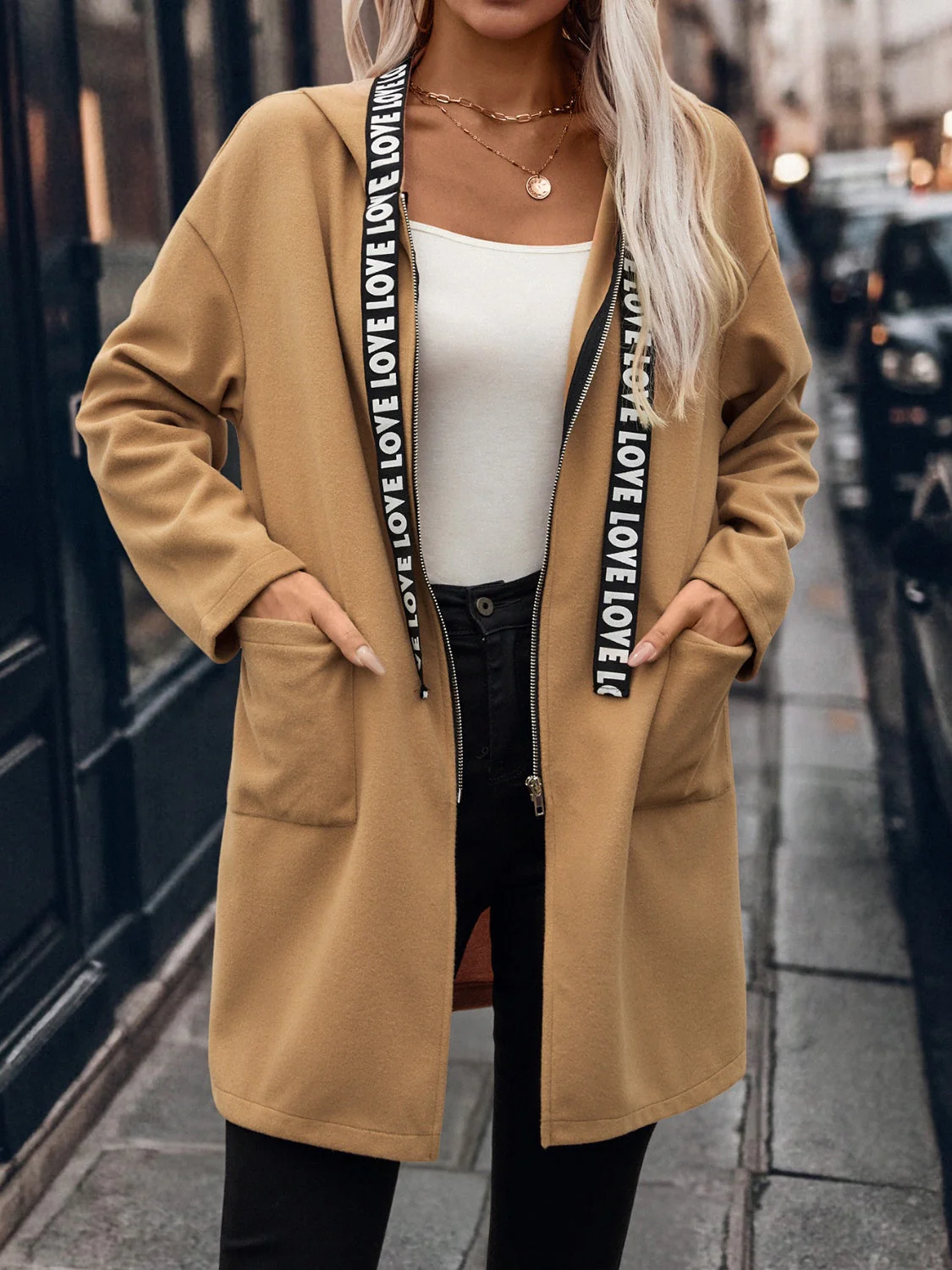 Gabriele | Hooded zip-up trench coat with letter print - Image 3