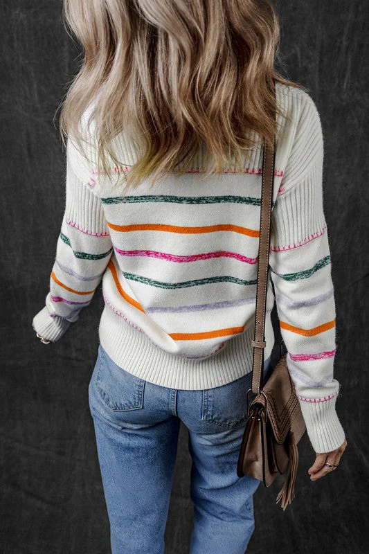 Gabrielle | White, colorful striped sweater with a ribbed hem - Image 3