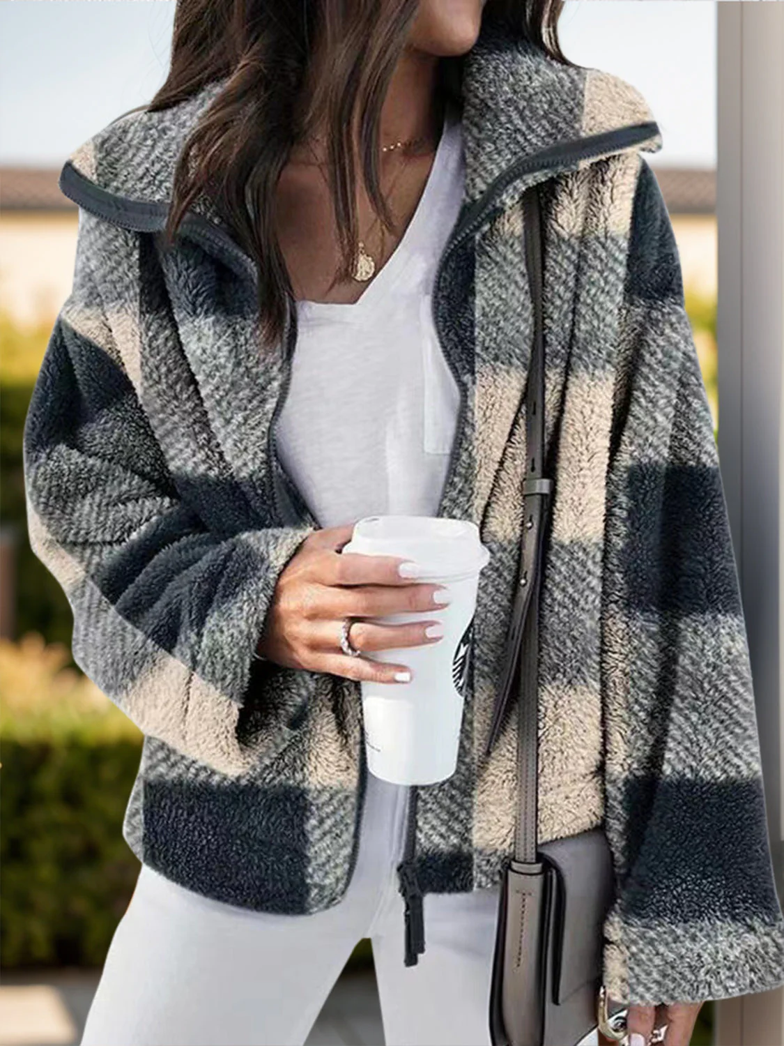 Gertrud | Checked jacket with long sleeves and full size zip - Image 7