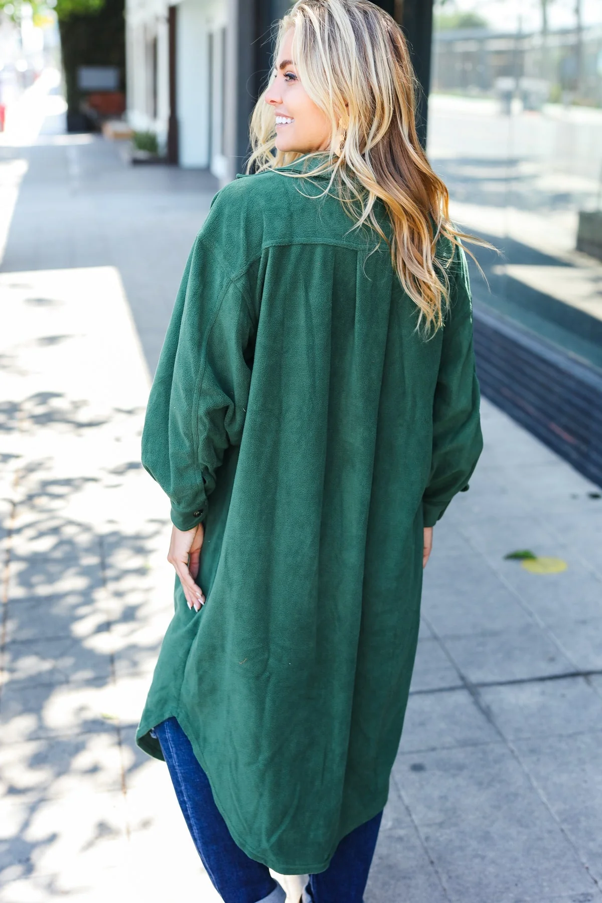 Gertrud | Turn Heads Forest Green Fleece Button Down Duster Jacket - Image 2