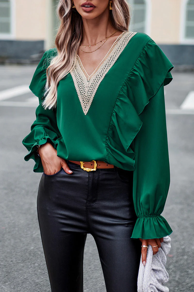 Gia® | Elegant Loose V-Neck Long Sleeve Ruffle Blouse - Image 2