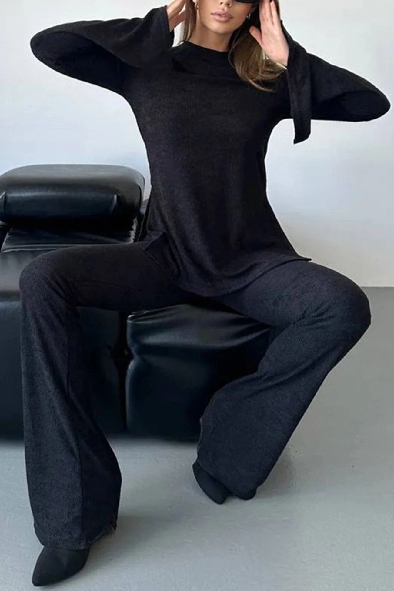 Gina | Solid set with knitted tops and long pants with flared sleeves - Image 7