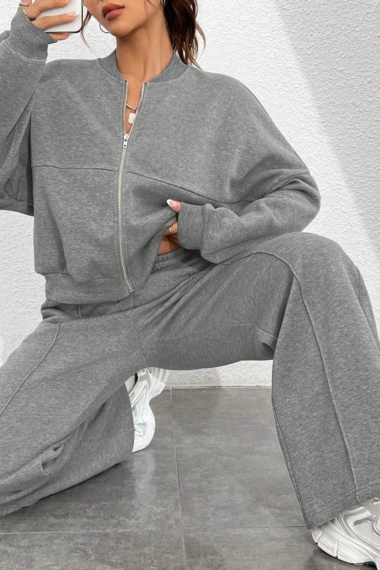 Giovanna | Collarless zipper cardigan pants set - Image 11