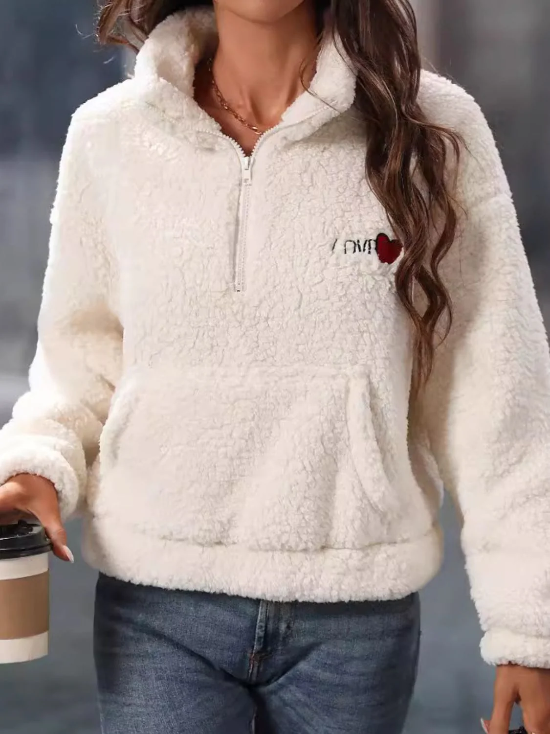 Giovanna | Heart teddy half zip sweatshirt with long sleeves - Image 5