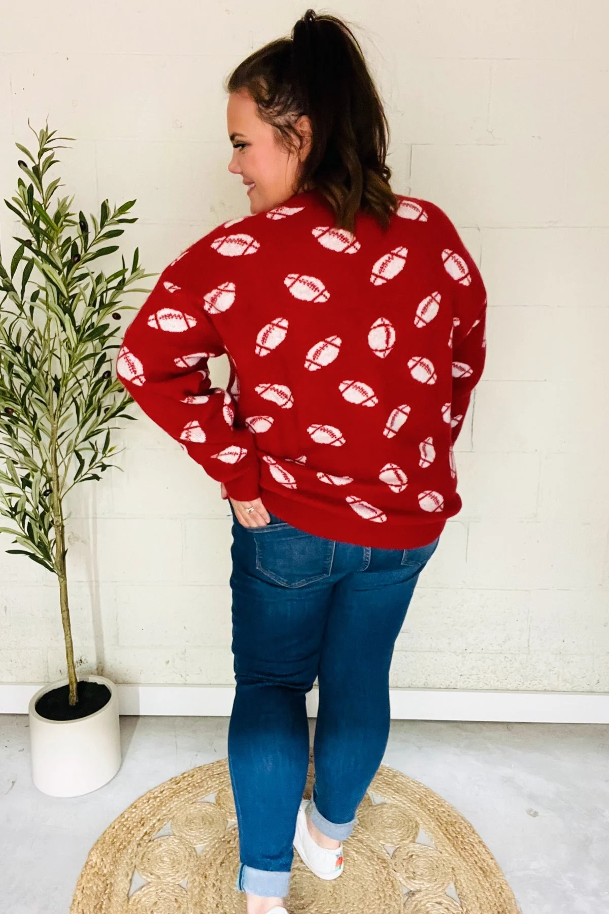 Gisela | Red football print jacquard knit sweater for game day - Image 10