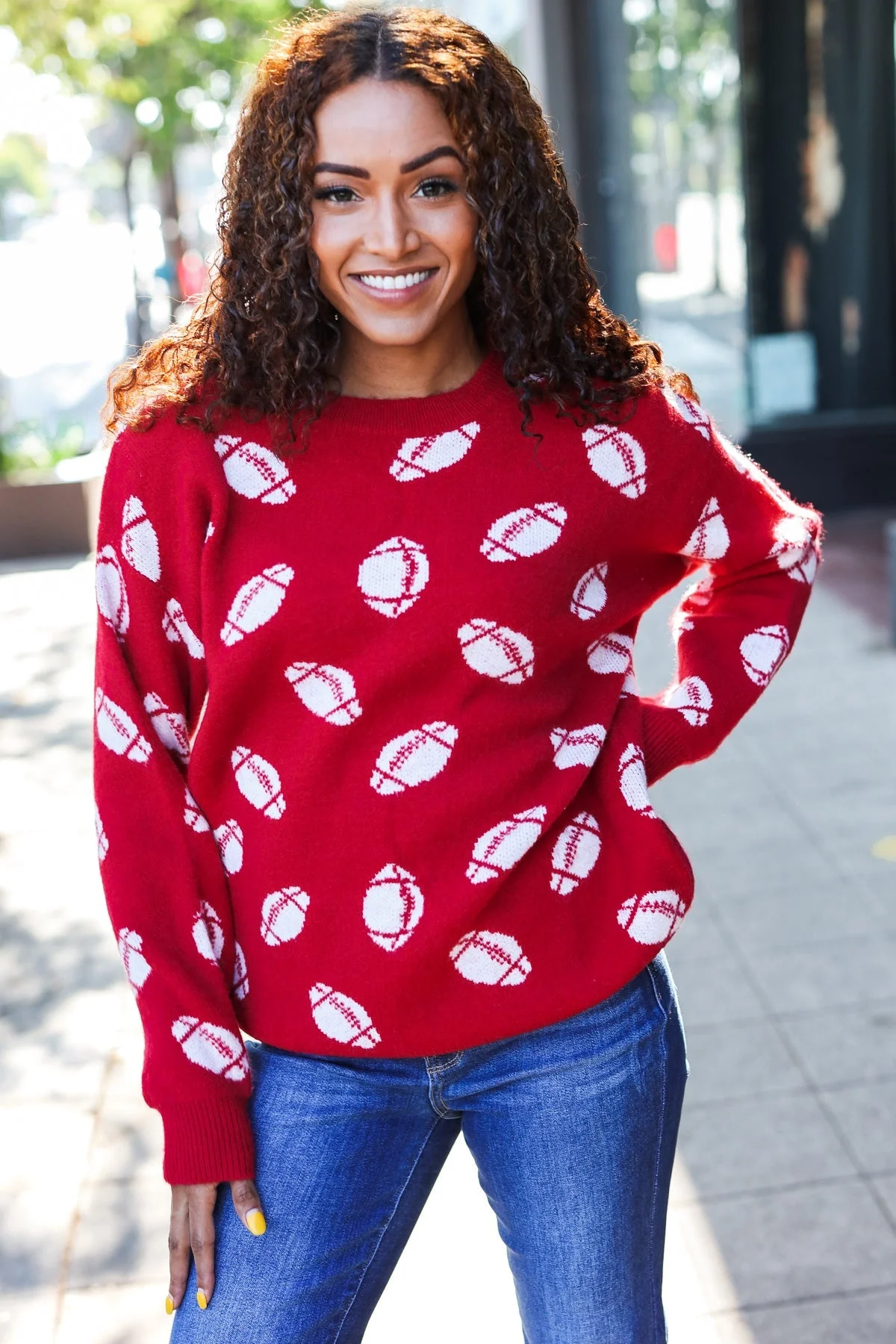 Gisela | Red football print jacquard knit sweater for game day - Image 17