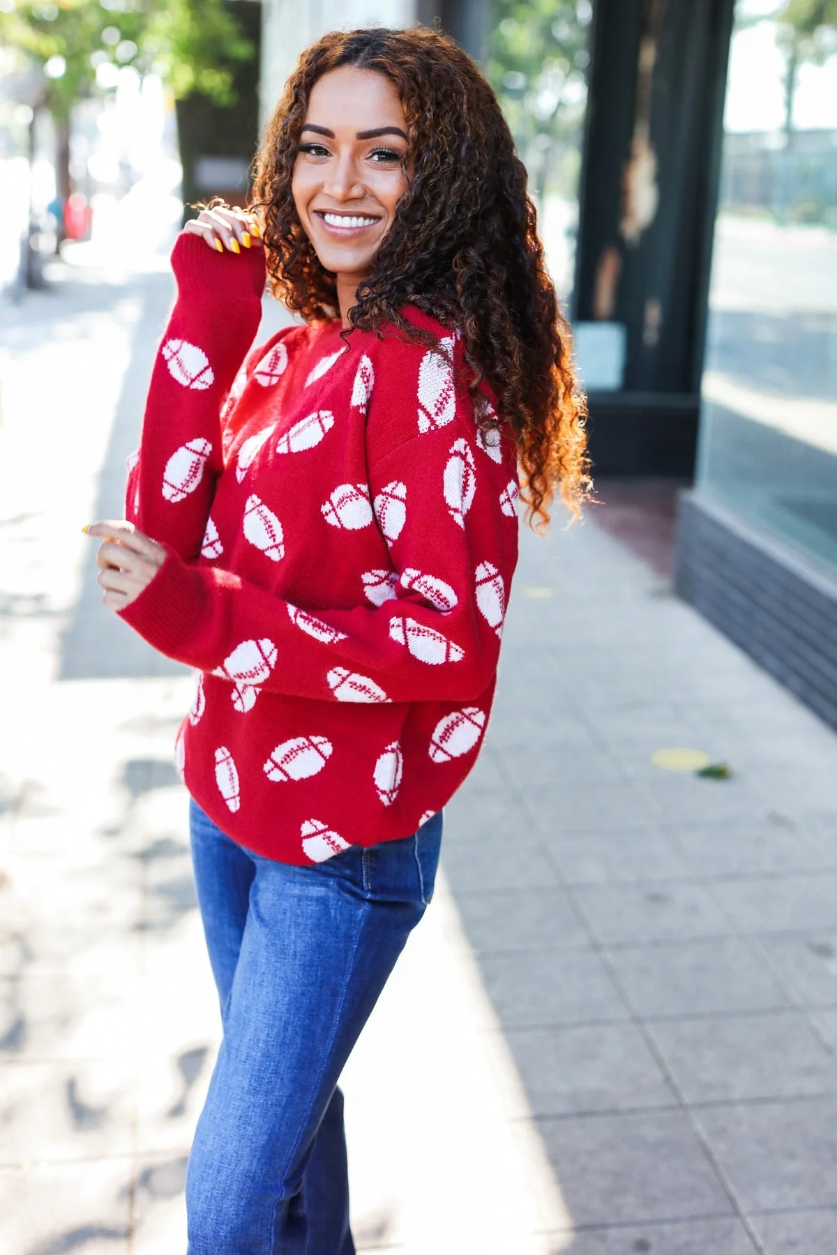 Gisela | Red football print jacquard knit sweater for game day - Image 18
