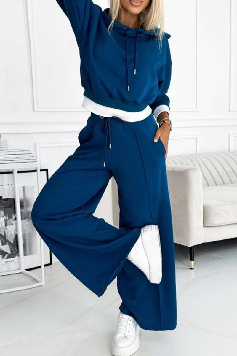 Gloria | Casual solid patchwork hooded collar long sleeve two piece