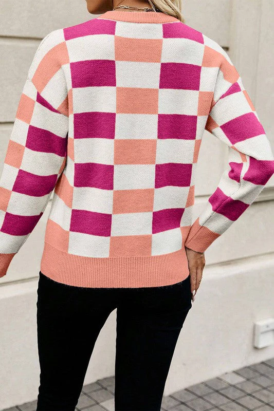Gloria | Checked, ribbed edge sweater with an O-neck and dropped shoulder - Image 10