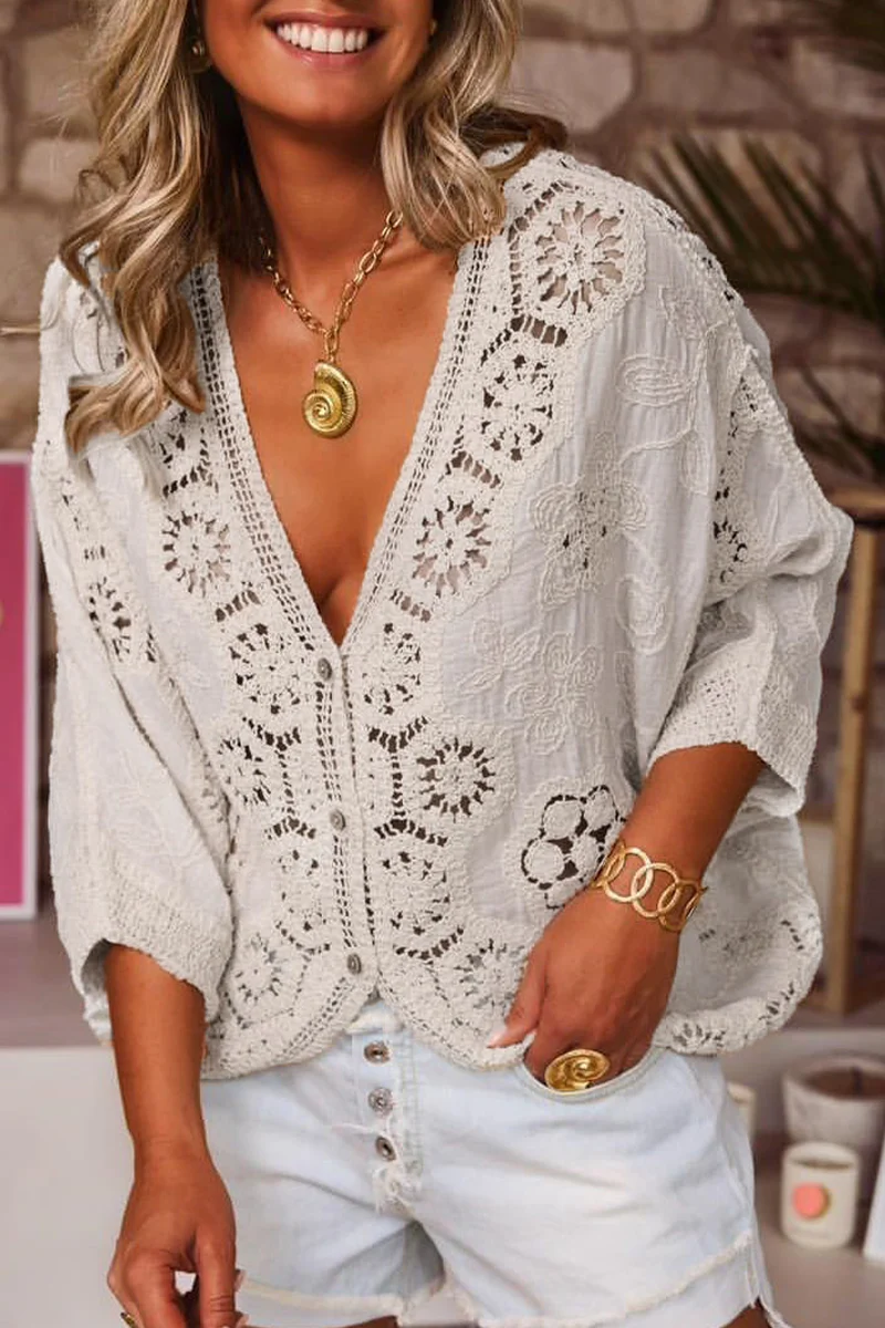 Greta | Casual distressed lace outerwear with hollow out V-neck - Image 2