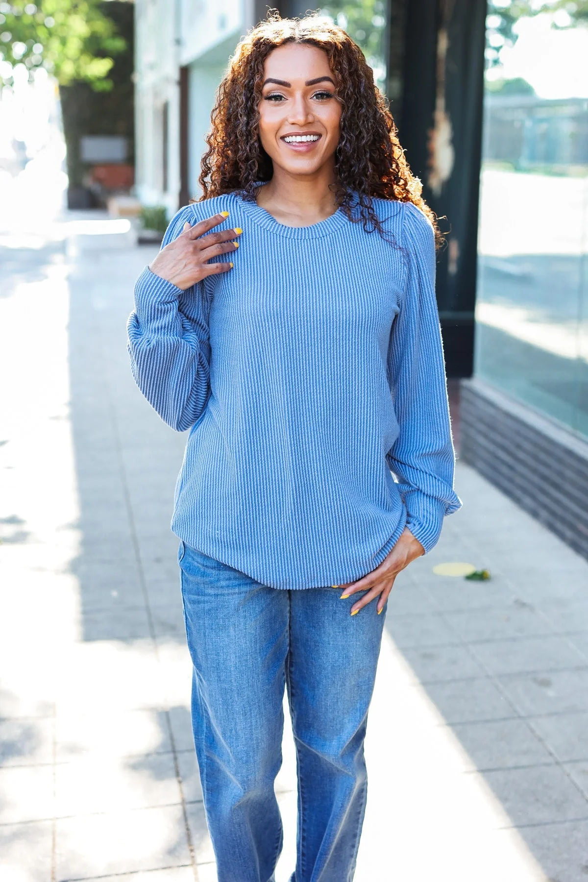 Greta | Everyday Vintage Denim Rib Mineral Wash Long Sleeve Top - Image 10