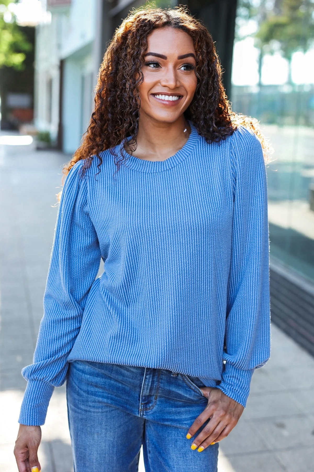 Greta | Everyday Vintage Denim Rib Mineral Wash Long Sleeve Top - Image 2