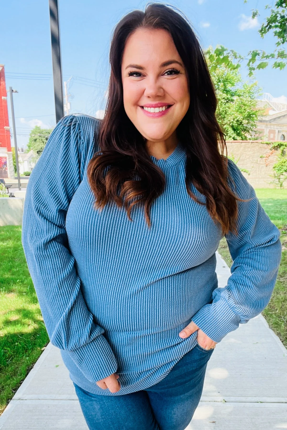 Greta | Everyday Vintage Denim Rib Mineral Wash Long Sleeve Top - Image 3