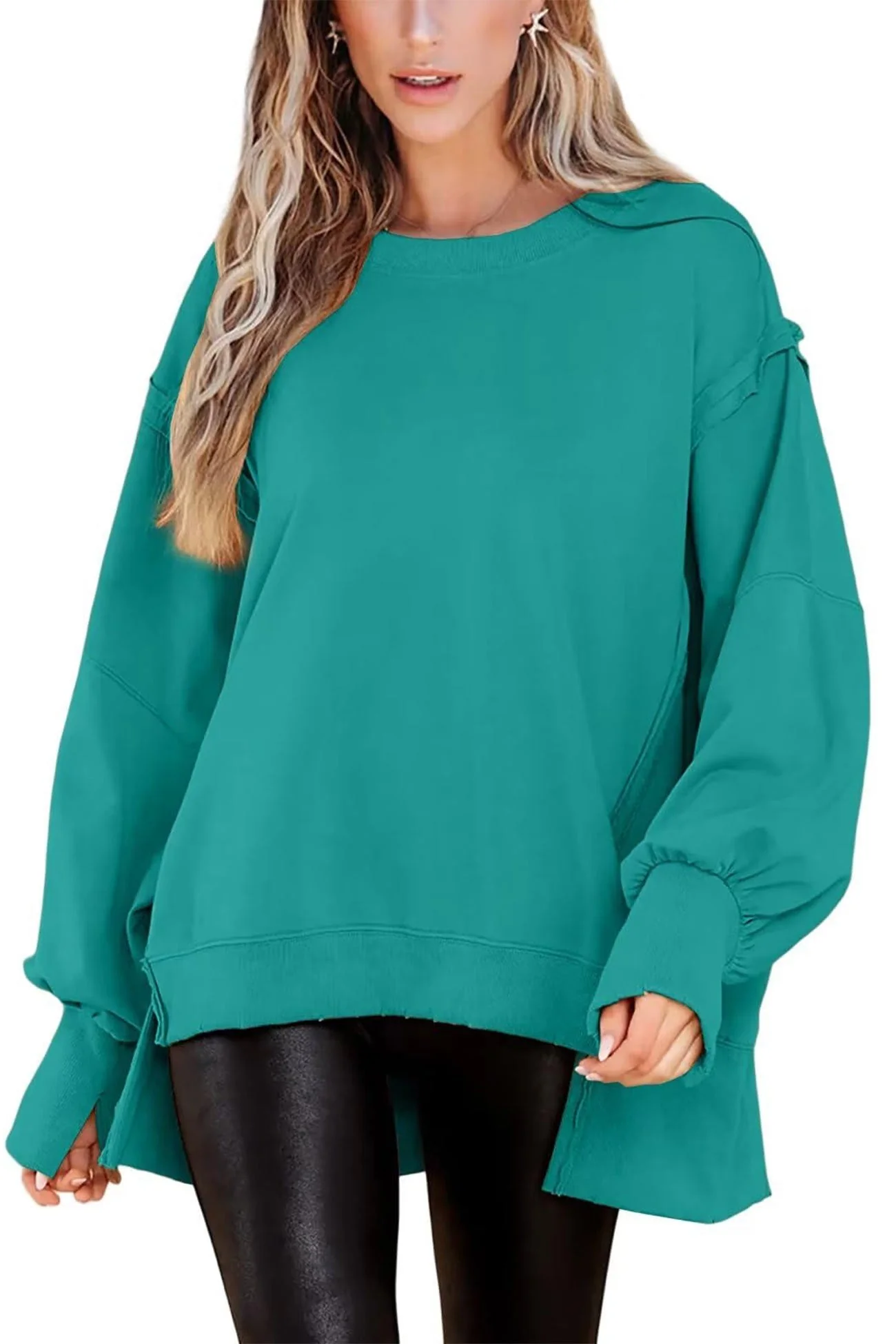 Greta | Solid long sleeve slit crew neck sweatshirt - Image 5