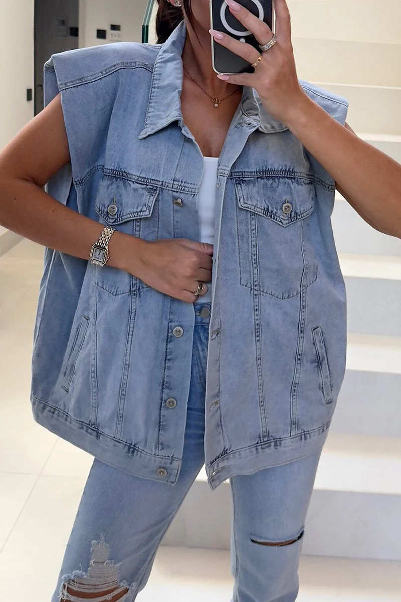 Griselda | Casual denim jacket with distressed buttons, turn-down collar, sleeveless, loose - Image 5