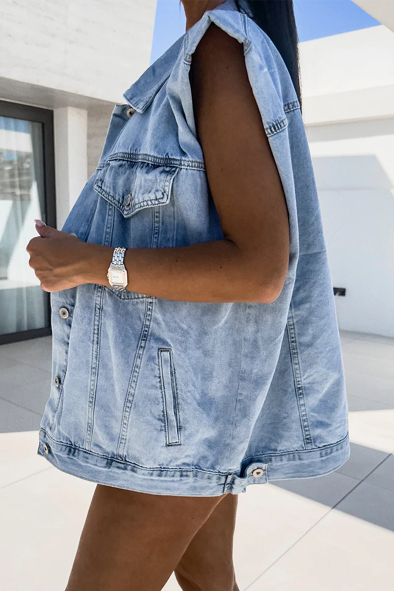 Griselda | Casual denim jacket with distressed buttons, turn-down collar, sleeveless, loose - Image 6