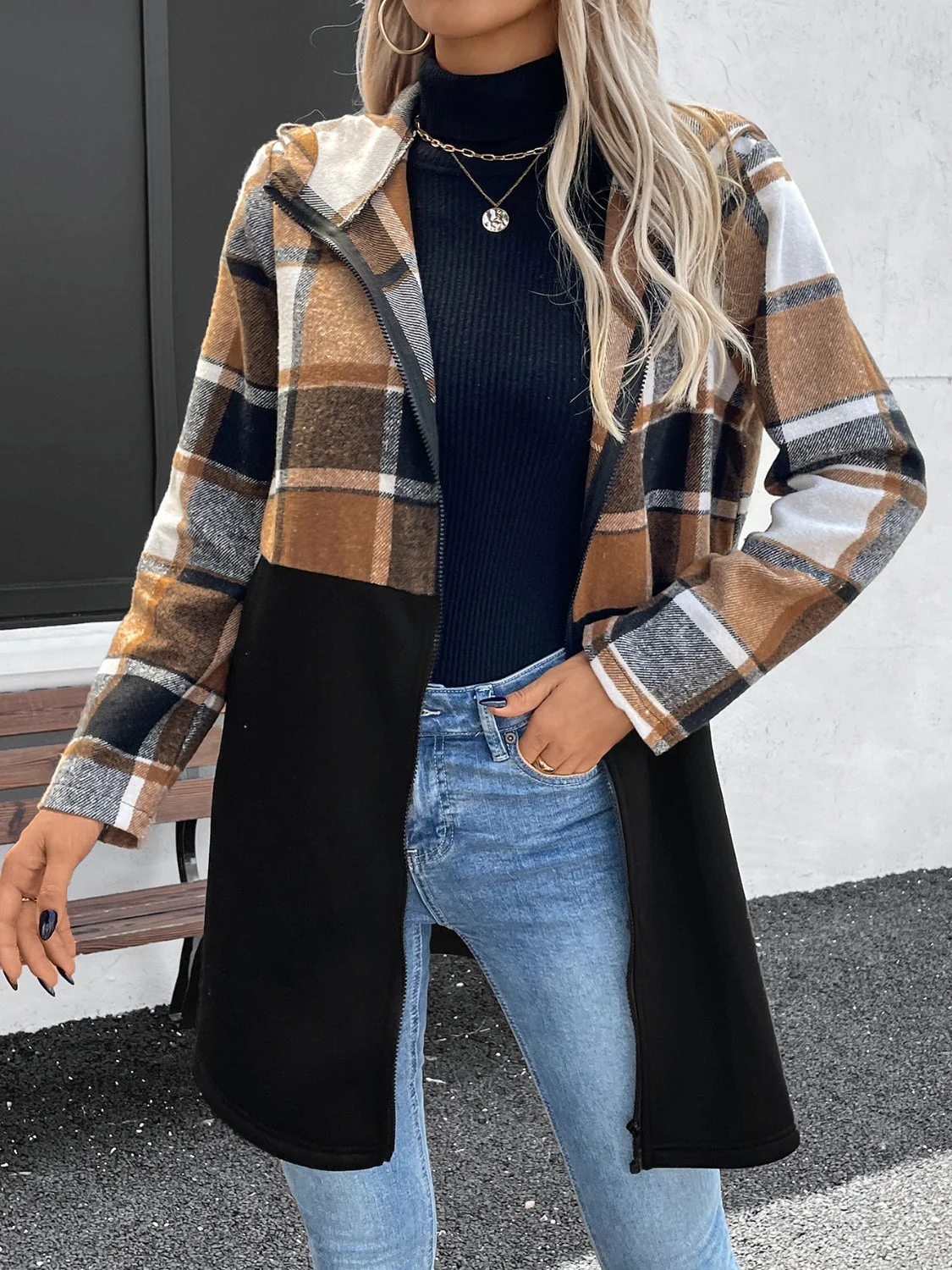 Hana | Checked long sleeve hooded outerwear with zip fastening - Image 2