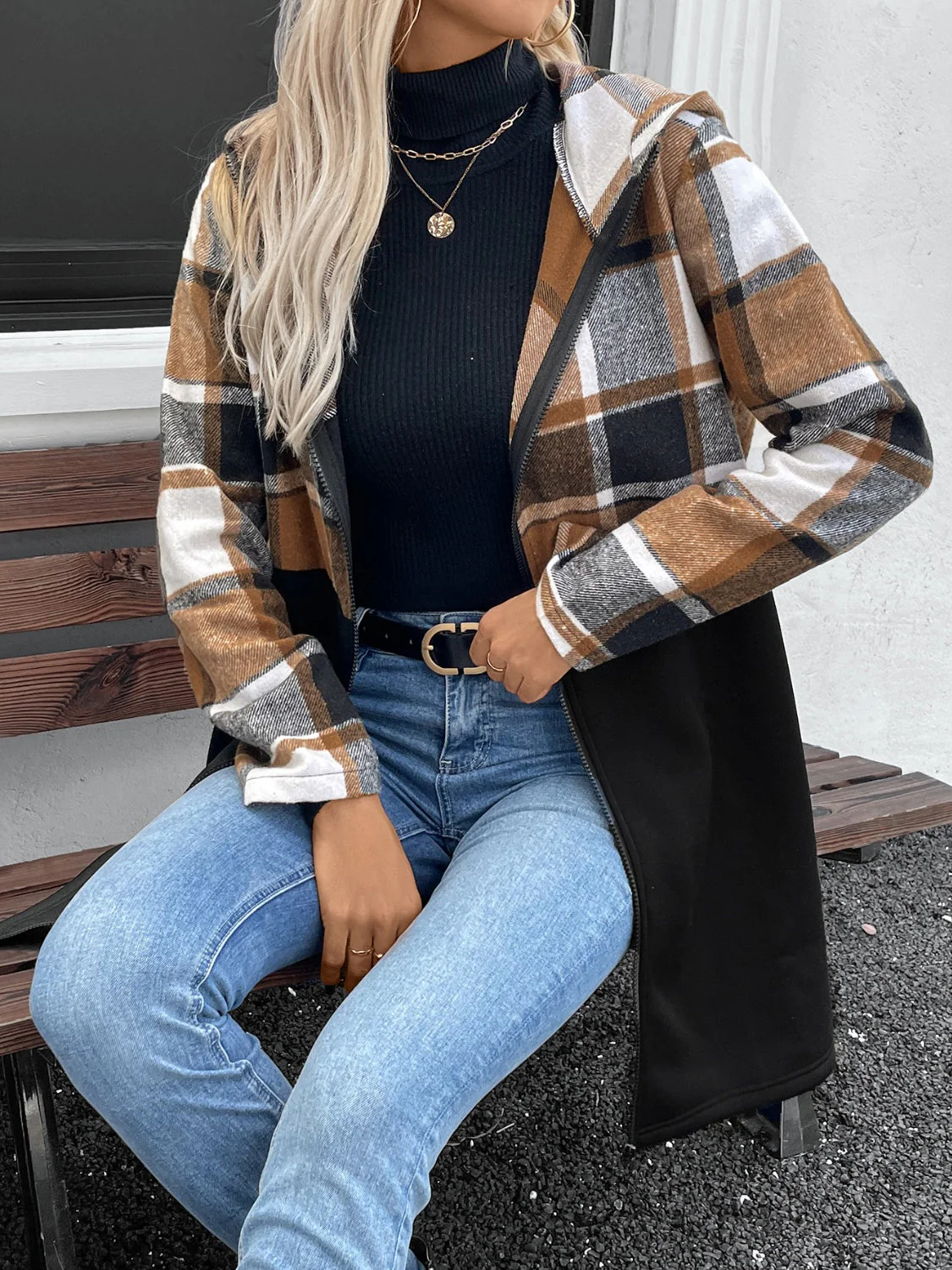 Hana | Checked long sleeve hooded outerwear with zip fastening - Image 5