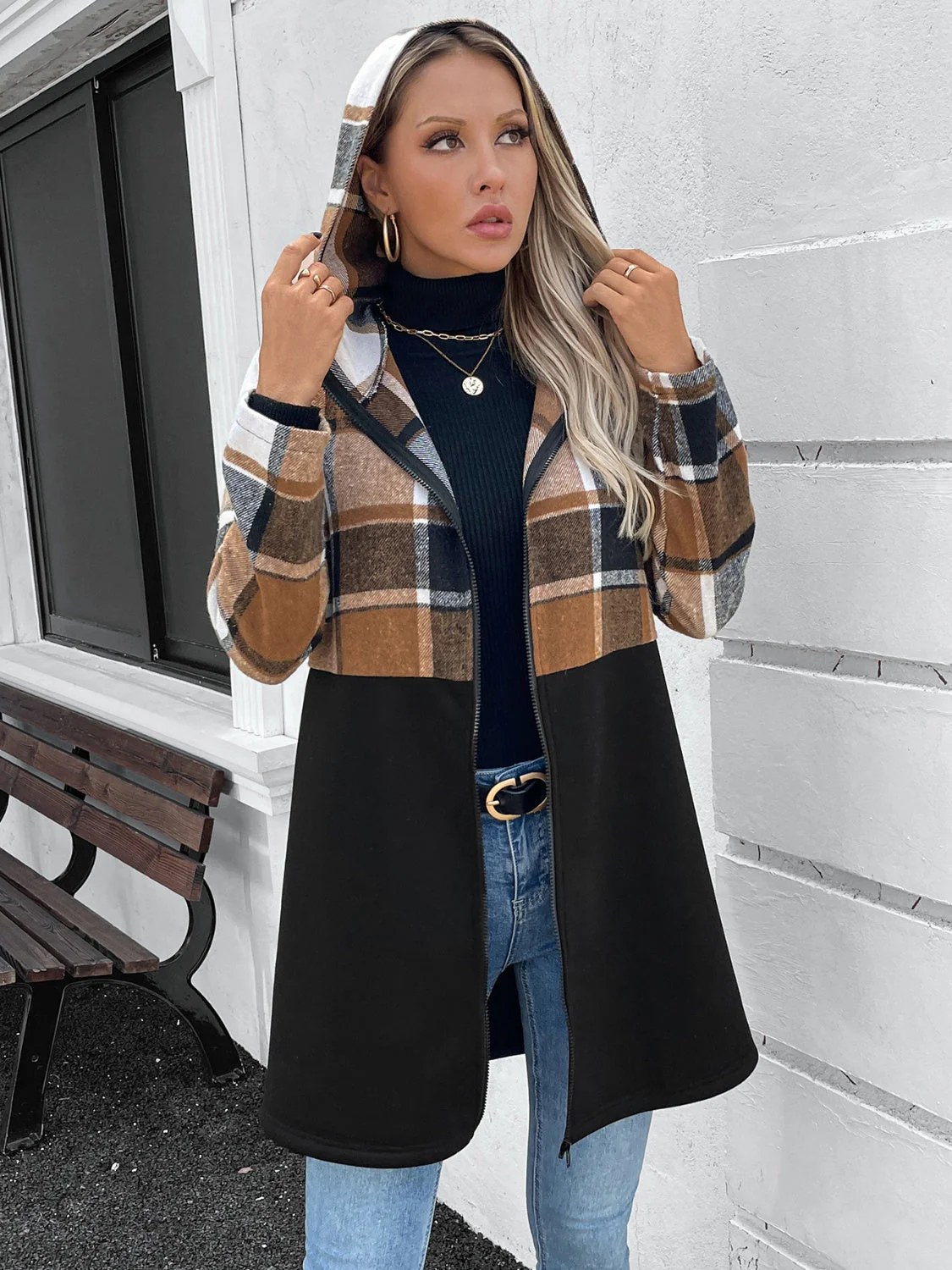 Hana | Checked long sleeve hooded outerwear with zip fastening - Image 6