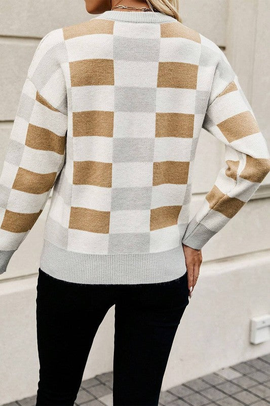 Hanna | Checked, ribbed edge sweater with an O-neck and dropped shoulder - Image 12