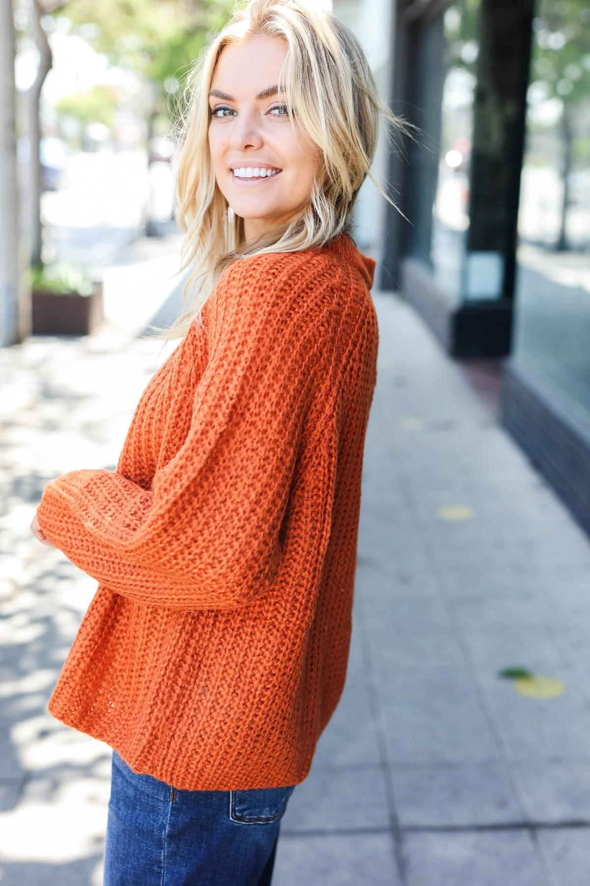 Hannah | Casual Days Rust Loose Knit Henley Button Jumper - Image 4