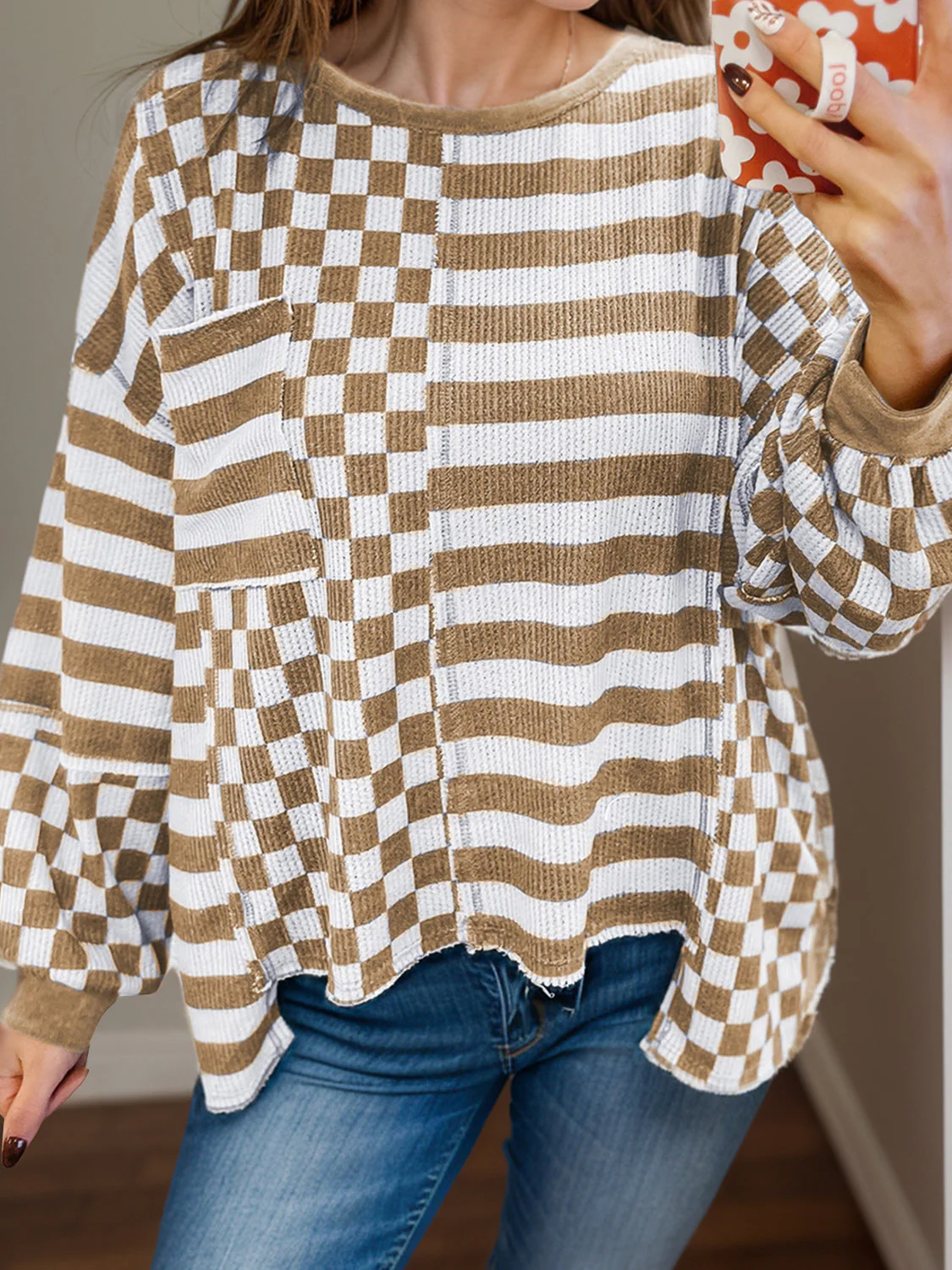 Hannah | Checked and striped long-sleeved blouse with a round neckline