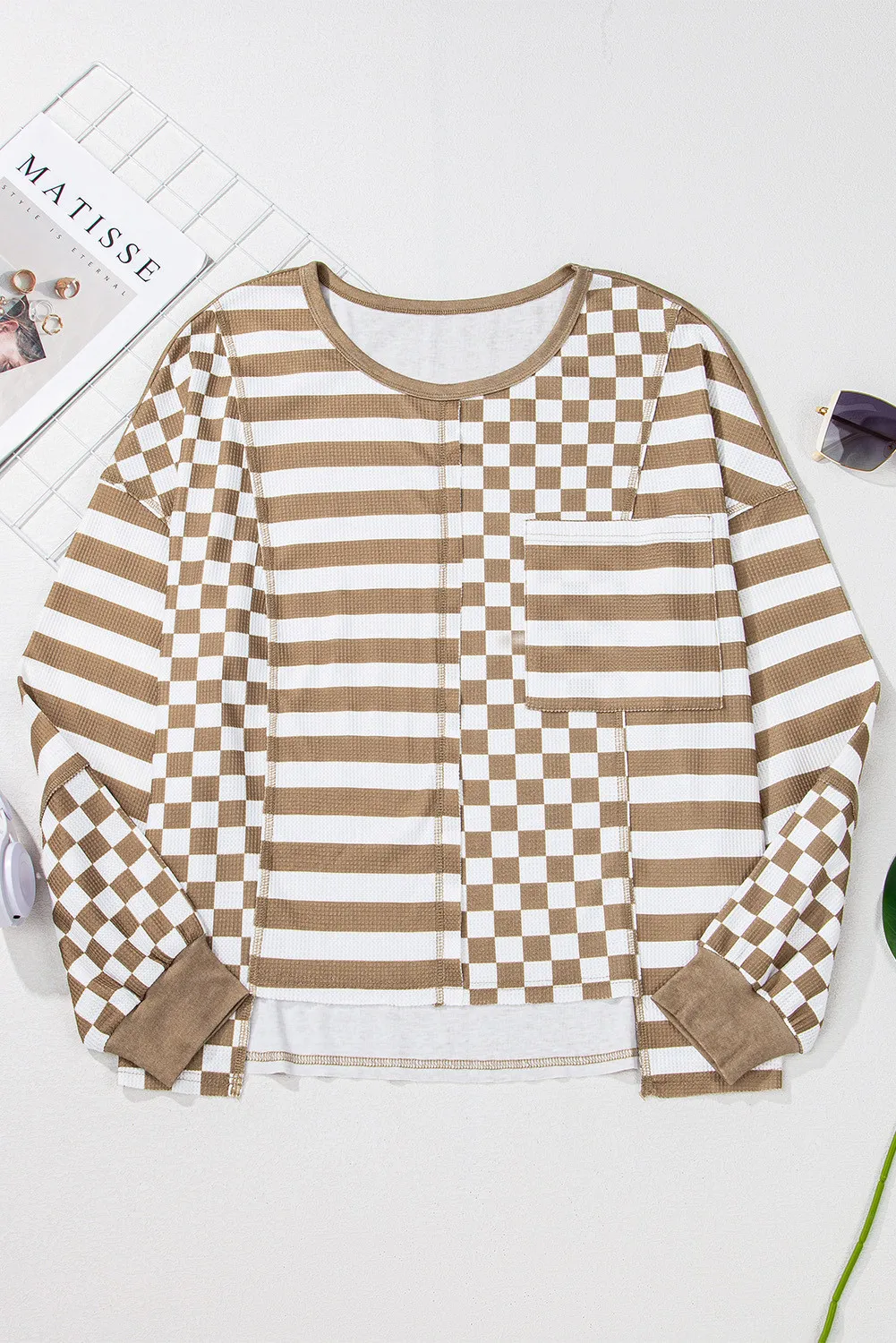 Hannah | Checked and striped long-sleeved blouse with a round neckline - Image 2