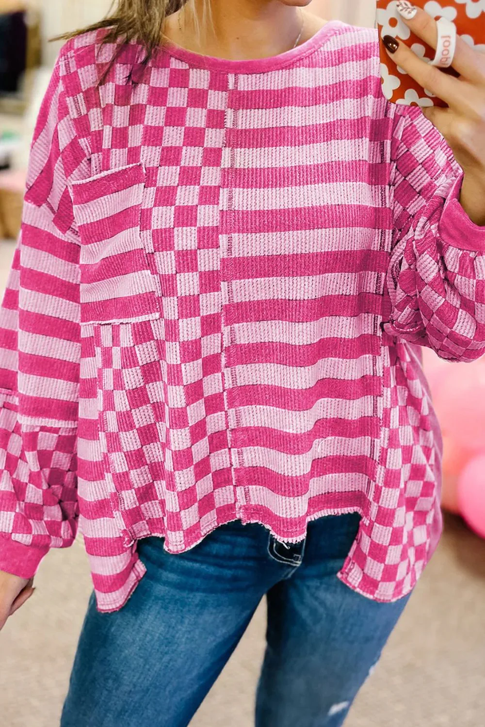 Hannah | Checked and striped long-sleeved blouse with a round neckline - Image 5