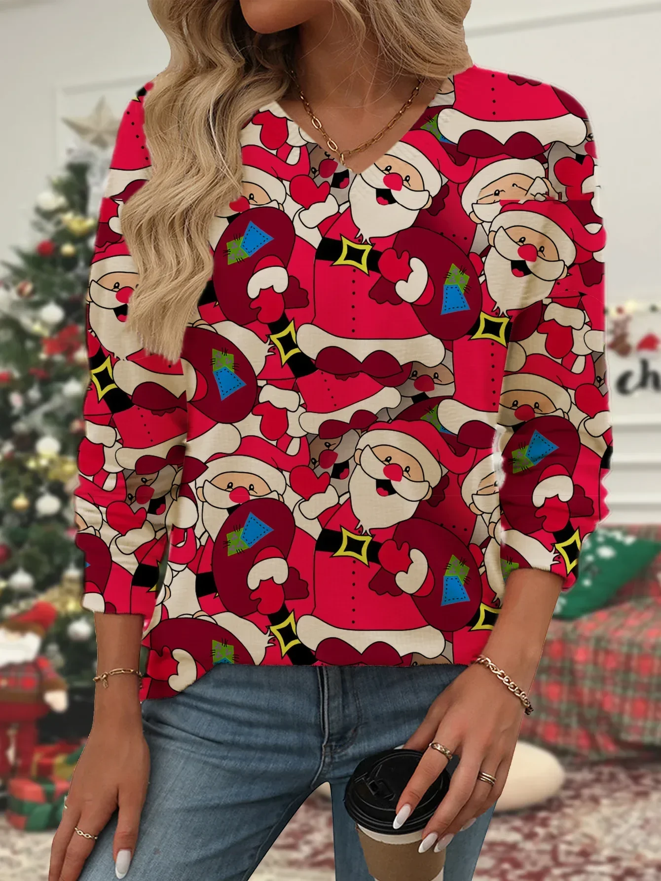 Hannah | Warm women's knitted sweater with Santa Claus print and V-neck