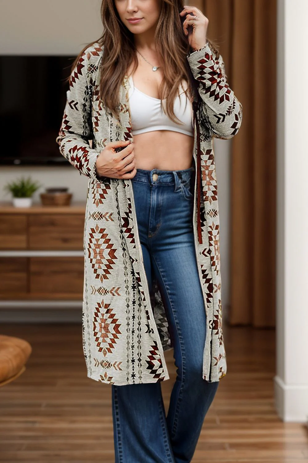Hannelore | Geometric long sleeve open front cover-up