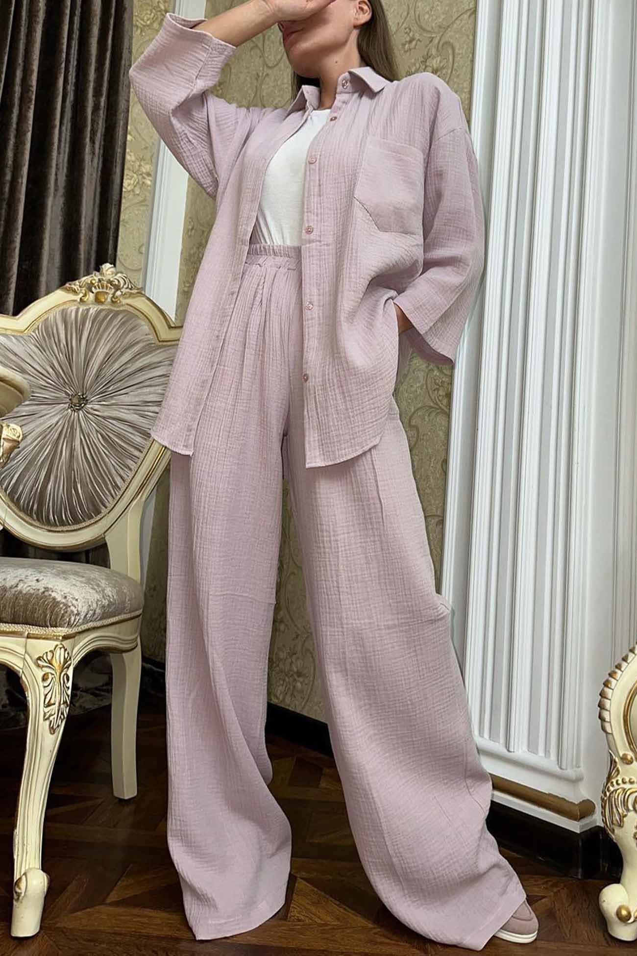 Hannelore | Two piece set with wide leg pants and button belt