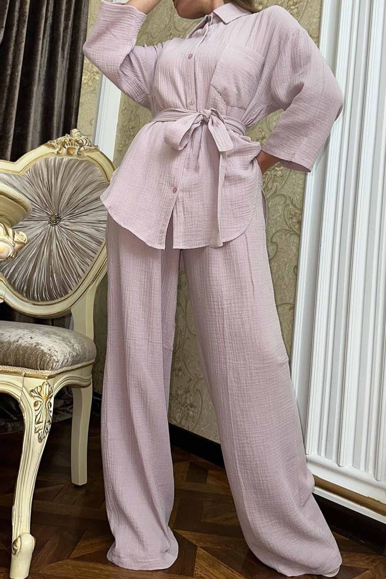 Hannelore | Two piece set with wide leg pants and button belt - Image 2