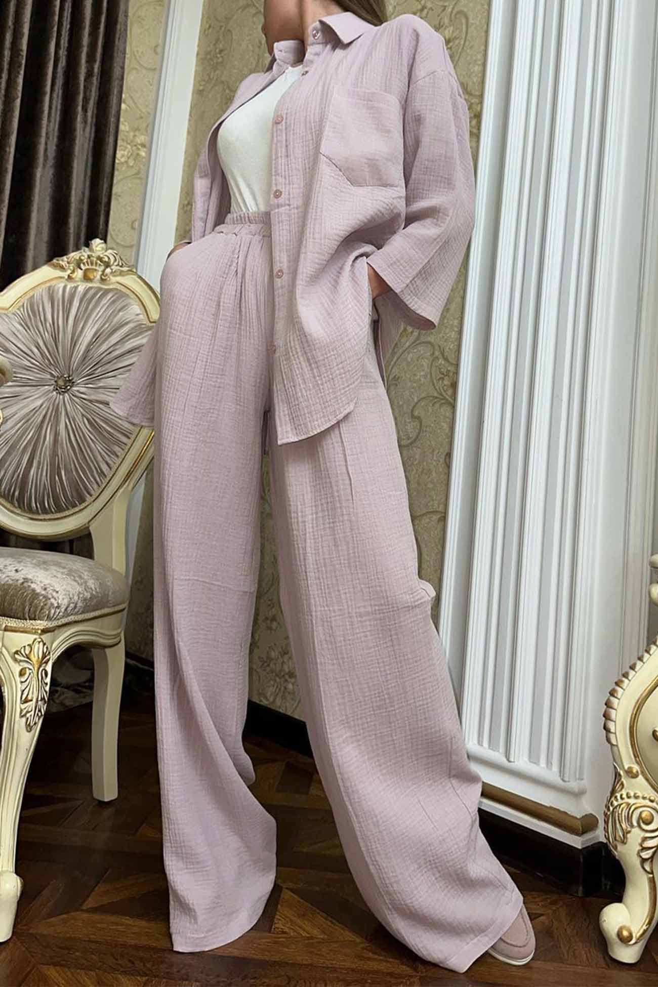 Hannelore | Two piece set with wide leg pants and button belt - Image 3