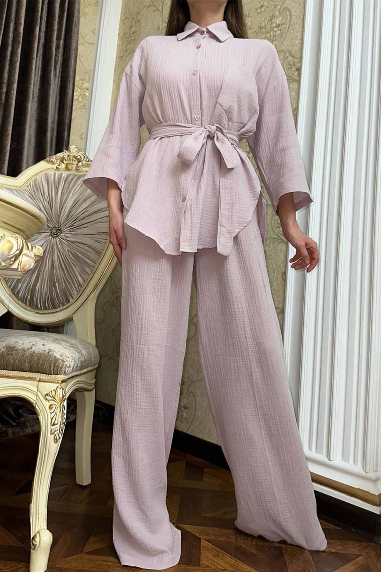 Hannelore | Two piece set with wide leg pants and button belt - Image 4