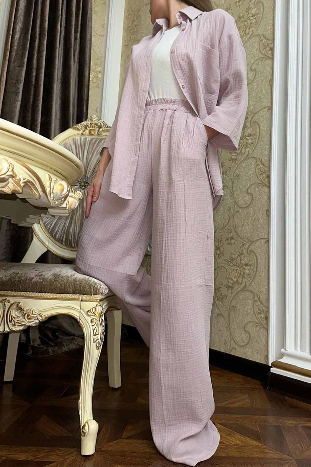 Hannelore | Two piece set with wide leg pants and button belt - Image 6