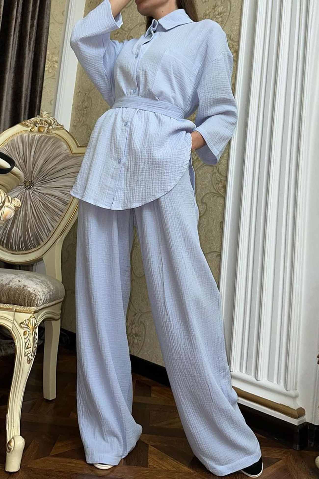 Hannelore | Two piece set with wide leg pants and button belt - Image 8