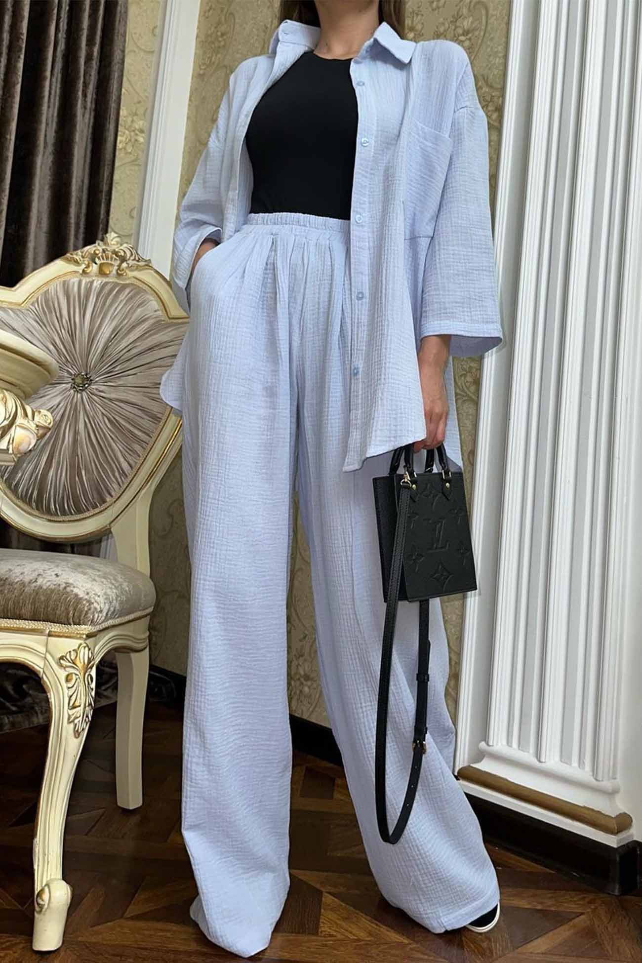 Hannelore | Two piece set with wide leg pants and button belt - Image 9