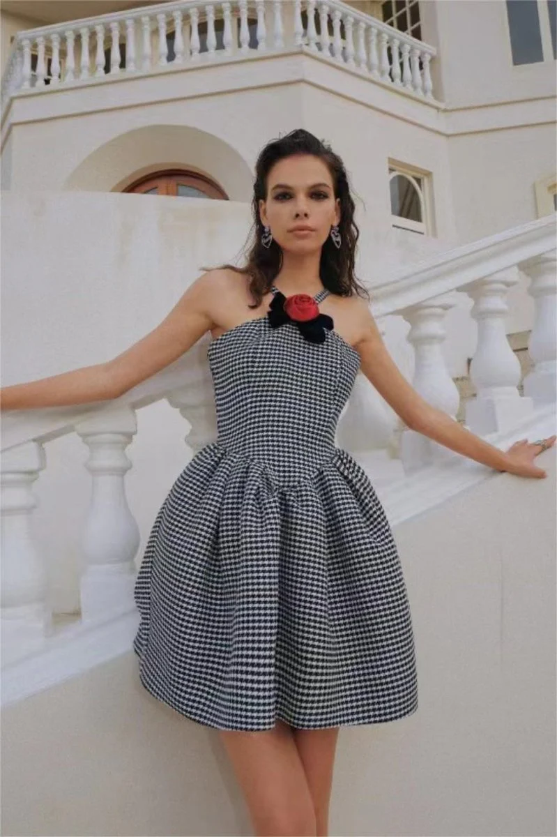 Harriet® | A-Line Mini Dress With Houndstooth Rose Bow Trim