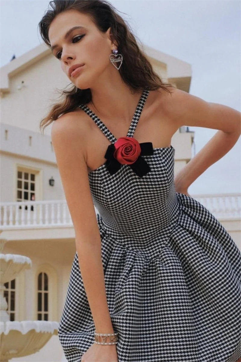 Harriet® | A-Line Mini Dress With Houndstooth Rose Bow Trim - Image 2