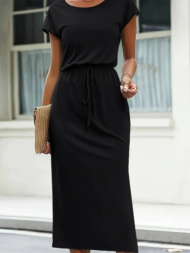 Hazel® | Casual Short-Sleeved Round-Neck Dress With Self-Tie Belt - Image 2